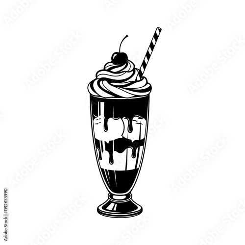Milkshake Silhouette Illustration with Straw and Whipped Cream, Sweet Beverage Vector, Diner Drink Menu and Cafe Branding Icon