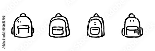 Backpack Line Icon Set In Doodle Style. School Supplies, Travel Gear, And Outdoor Adventure Outline Sketch Collection. Hand Drawn Isolated Vector Illustration