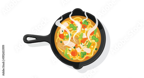 A lively illustration depicting a fresh, hot meal of savory noodles, colorful vegetables, and tender chicken steaming in a classic cast iron