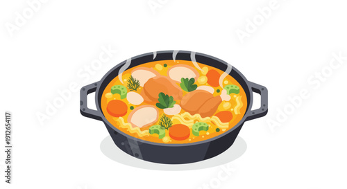 A heartwarming and robust stew prepared in a dark pot, filled with tender chicken, vibrant carrots, fresh broccoli, and savory noodles, emitting