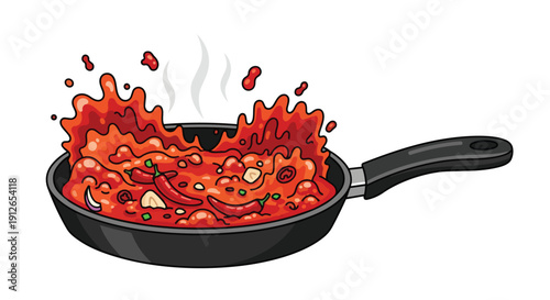 Vibrantly bubbling chili sauce simmers in a dark frying pan creating an energetic explosion of culinary delight with fresh ingredients and steam