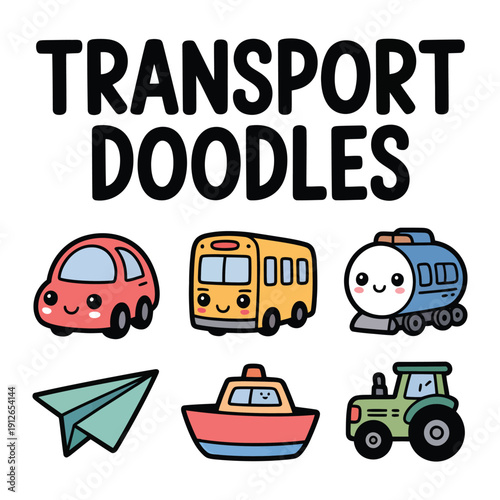 Transport Doodles Illustration: Playful and cute transport doodles, including a car, school bus, train, paper airplane, boat, and tractor, perfect for educational and creative projects. 