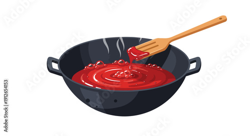 Vibrant simmering red sauce in a dark cooking pan with a wooden spatula gently stirring the delicious bubbling liquid. Culinary preparation for a