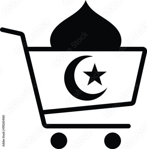 Cart with mosque dome and crescent moon on top symbolizing ramadan shopping or food delivery.
Online Ramadan Shopping Cart Islamic Symbol Illustration.