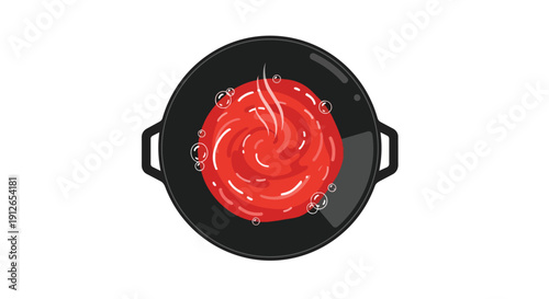 Vibrant red sauce simmers in black pot, small bubbles rising. Delicate steam ascends, depicting delicious meal preparation promising rich flavors