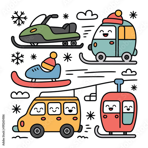 Winter Sports Adventures: Charming illustrations of winter sports vehicles evoke the thrill of snow-filled fun and the joy of a winter vacation.