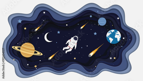 Captivating paper cut-out illustration of an astronaut floating amidst planets, moon, stars, and meteors in the vast, deep space.