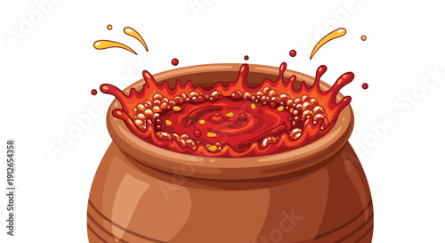 Fiery red sauce bubbling vigorously in a rustic earthenware pot, depicting intense flavor and culinary excitement