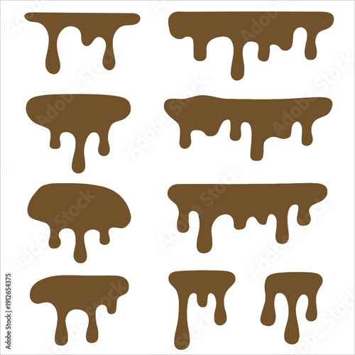 Brown Liquid Drip Silhouette Set Melting Chocolate and Mud Splatter Icon Collection