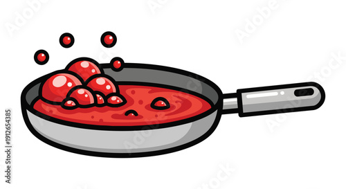 A lively cartoon pan with vigorously bubbling red liquid. This depicts the delightful process of crafting a rich, hot sauce. Culinary excitement