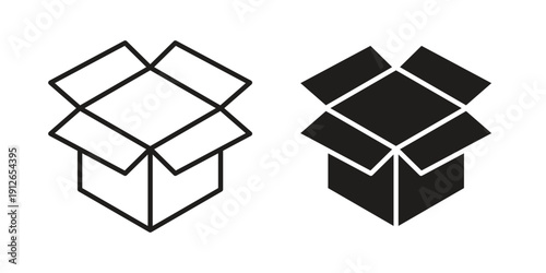 Open box icon in black line style set. logotype designs