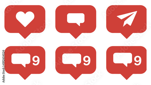 Social media notification icon red speech bubbles with heart like, comment, and share symbols, with and without counters, vector graphics