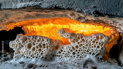 meteorite. Meteorite crystal lattice glowing with thermal energy waves inside an industrial furnace. safety posters.