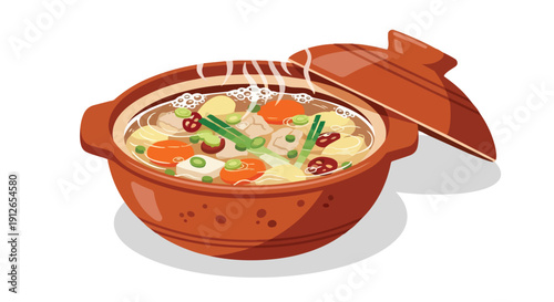 Delicious steaming traditional Japanese nabe hot pot with fresh vegetables and succulent ingredients simmering in a rich broth served in an