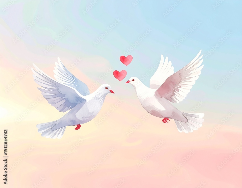 Fototapeta premium Tender dove pair with hearts classic love symbol 