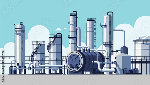 Expansive industrial landscape depicting an oil refinery or chemical plant with numerous towering structures, pipes, and storage tanks.