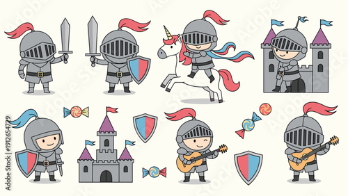 Adorable set of cartoon knights engaged in various playful activities, including wielding swords, riding a unicorn, and playing guitar.