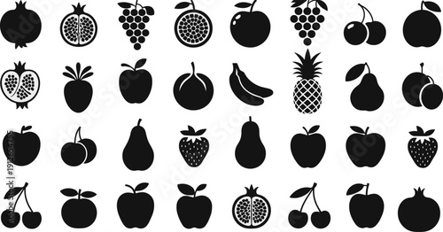 Fruit silhouette icons, food design symbols, vector illustration, black art, minimal layout, healthy graphics
