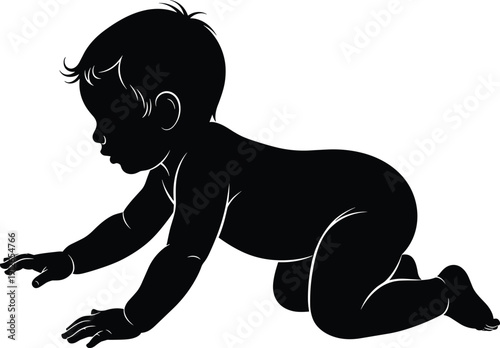 Black silhouette of a cute baby infant crawling on the floor isolated on white background for early childhood development design