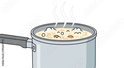 Lively Animated Porridge Bubbling in a Pot on a White Background with Rising Steam