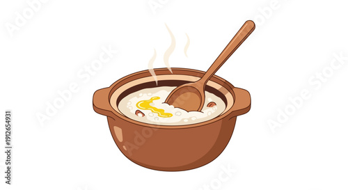A comforting illustration displays a steaming pot of traditional congee, topped with golden oil and red beans, a wooden spoon nearby, evoking warmth