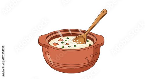 Steaming hearty bowl illustration, traditional earthenware, wooden spoon, green peas, wholesome ingredients, warm comfort food graphic, rustic