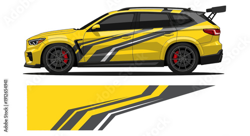 Sleek yellow race car with black racing stripes and side decal.