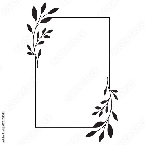 Elegant Minimalist Rectangular Floral Frame with Hand-Drawn Botanical Leaf Accents – Black and White Decorative Border Vector