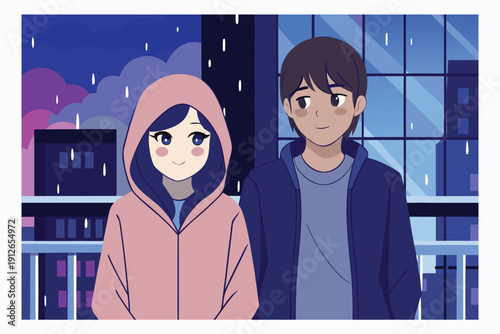 Cute Couple Standing Together on Balcony at Night During Rainfall