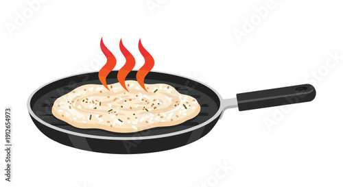 A delectable flatbread or dough expertly cooking on a textured grill pan emitting distinct red heat waves signifying a freshly prepared warm and