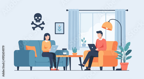 Two people work on laptops in a living room with a skull symbol