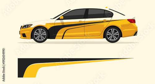 Illustration of a yellow sports car with black stripe, sleek side profile and dynamic styling.