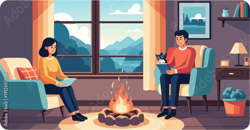 Two people and a cat relax by a fireplace with mountain view