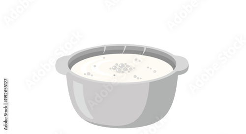 Clean minimalist digital illustration depicts a simple gray pot or bowl brimming with fresh white creamy liquid, featuring subtle small bubbles on