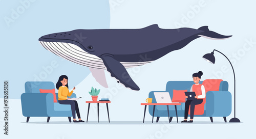 Two women relax indoors as a large whale swims in the sky