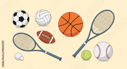 Various sports equipment including balls and racquets on a plain background