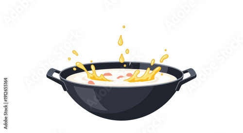 Dynamic culinary process with vibrant yellow liquid splashes erupting from a dark cooking pot on white.