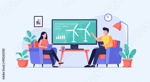 Two people discuss wind energy monitoring on a large screen
