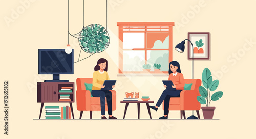 Two women relax indoors on armchairs, looking at tablets, near plants and window