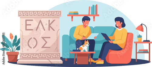 Two people and a dog in a living room, with a stone monument with Greek inscriptions