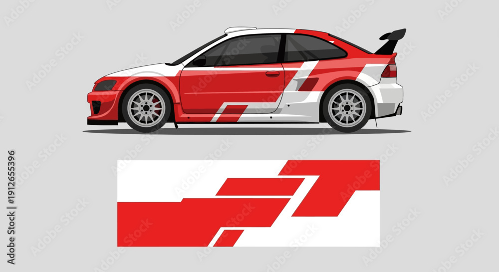Naklejka premium Red and white race car graphic with bold angular decals and side profile visualization.