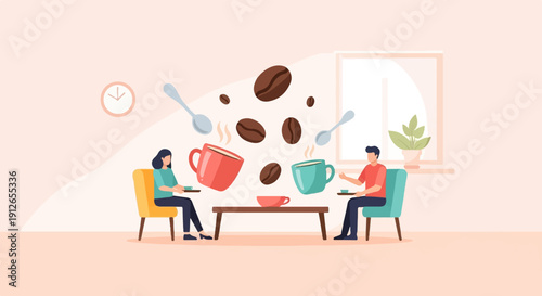 Two people enjoying coffee with flying beans and spoons around