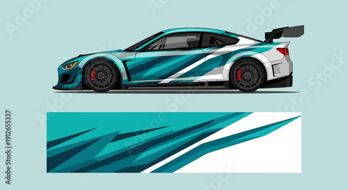 Dynamic teal and blue sports car with geometric graphic design elements.