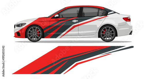 Sleek red and black graphic sedan with racing stripes and aerodynamic design.