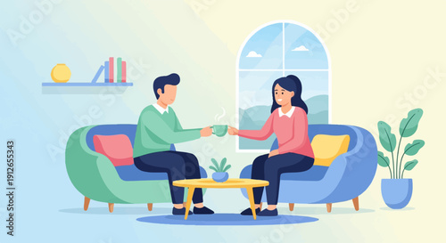 Two people enjoying coffee on sofas, with a table and window