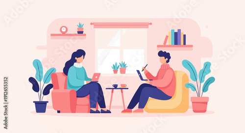 Two people work on laptops in a cozy, minimalist living room with plants