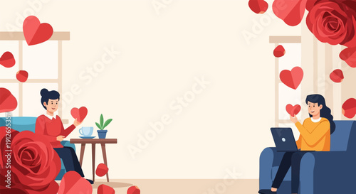 Two people hold hearts, surrounded by falling rose petals, symbolizing love and connection