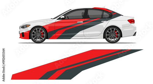 Sleek red and black racing car with bold graphic stripes and modern design.