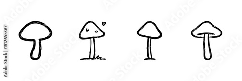 Mushroom Line Icon Set In Doodle Style. Fungi, Nature, And Botanical Illustration Outline Sketch Collection. Hand Drawn Isolated Vector Illustration