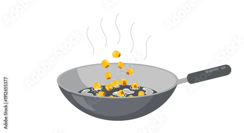 Dynamic culinary illustration capturing the vibrant moment of golden corn kernels actively transforming into a beloved snack in a hot pan with